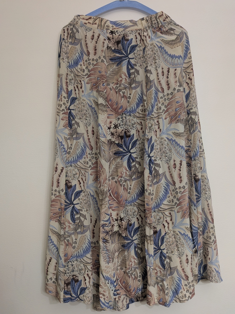 Vintage Floral Maxi Skirt in Beige with Blue & Taupe Print 100% Silk